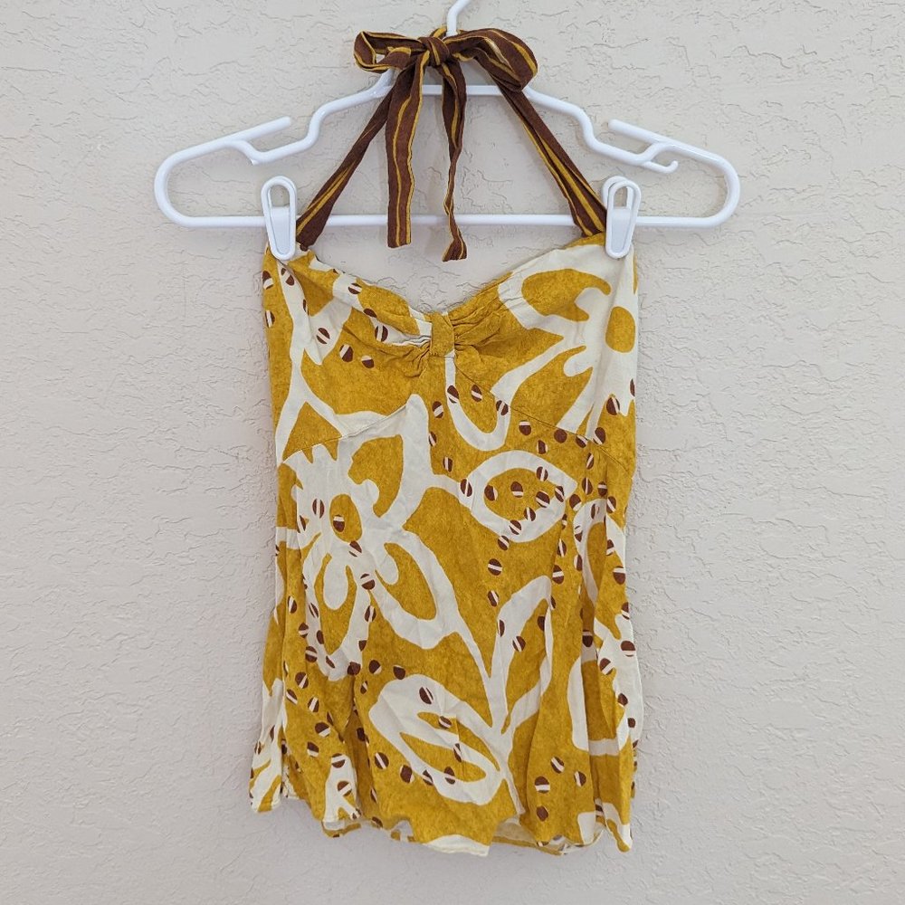 Vintage Jams World Halter Top Size L 100% Rayon Cocoa Flower Made in USA 90s